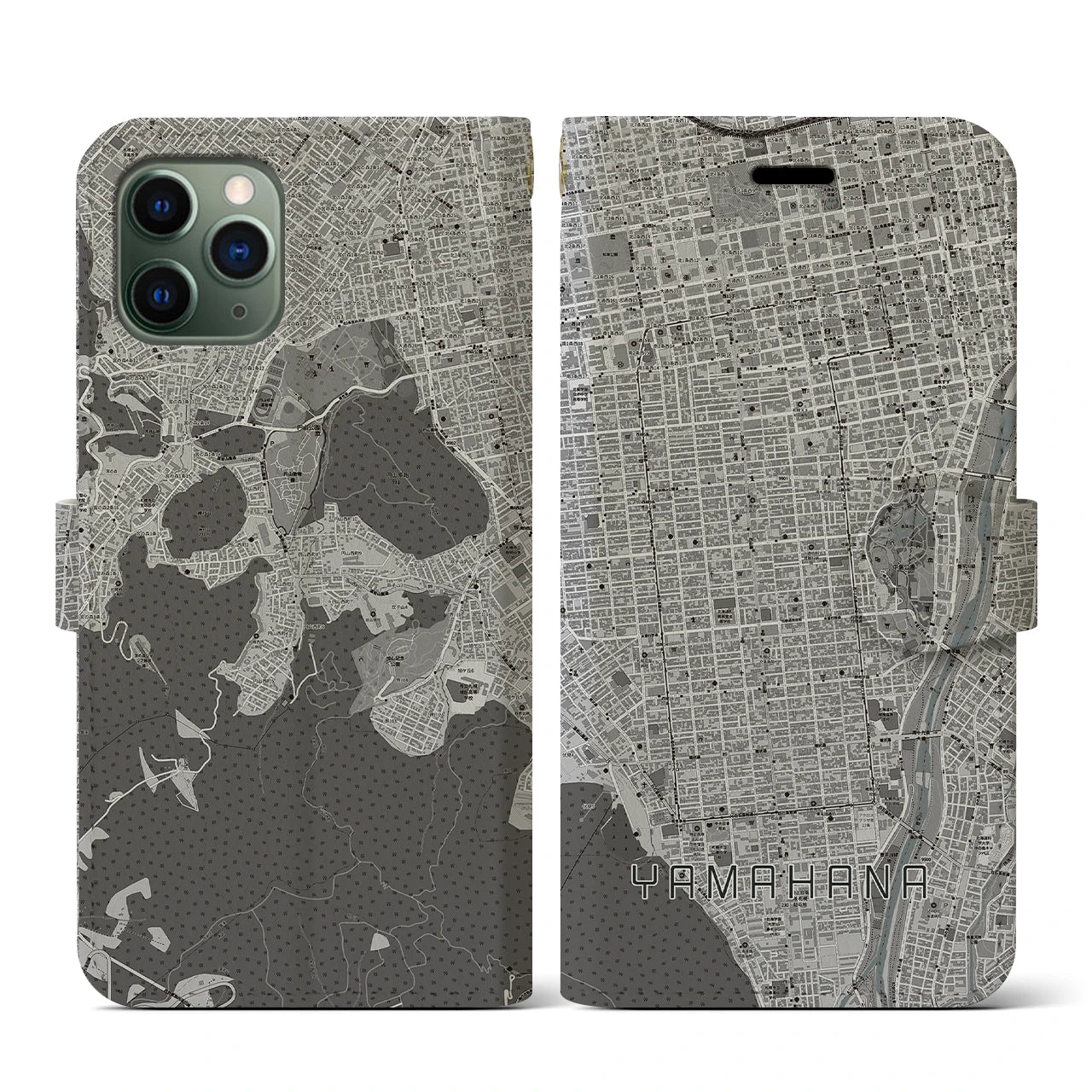 【山鼻(北海道)】地図柄iPhoneケース(手帳タイプ)モノトーン・iPhone 11 Pro 用