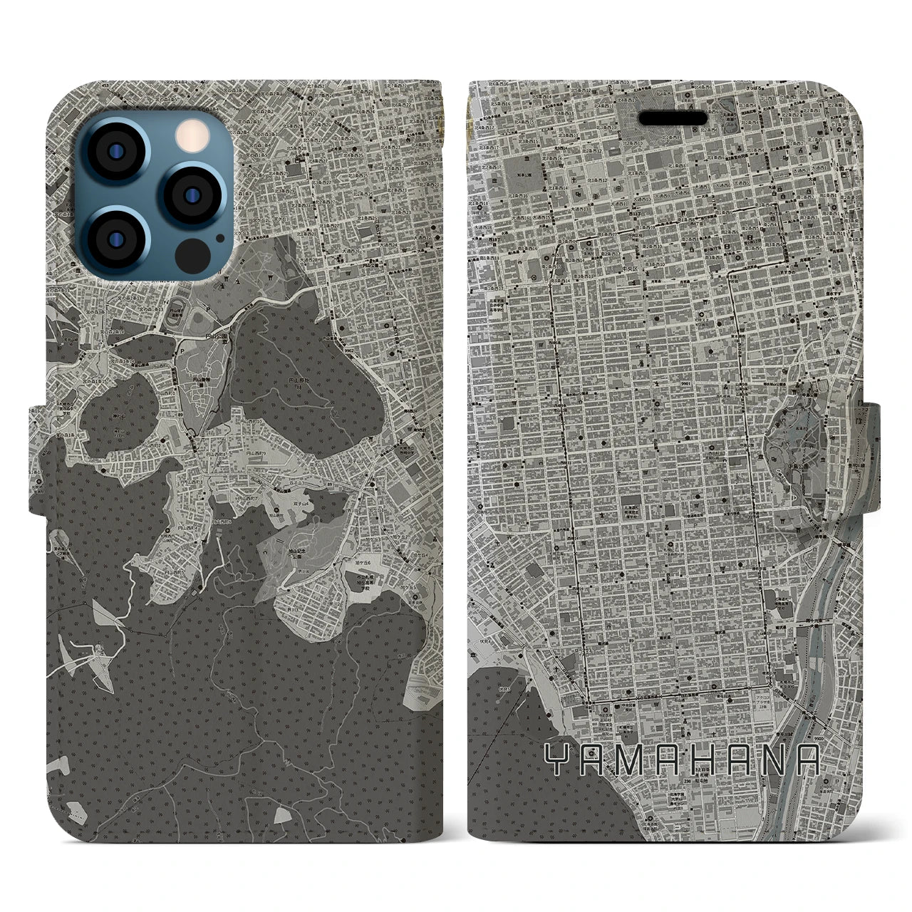 【山鼻(北海道)】地図柄iPhoneケース(手帳タイプ)モノトーン・iPhone 12 / 12 Pro 用