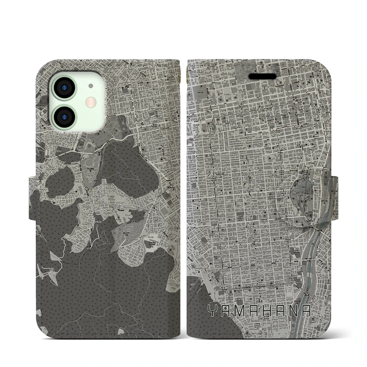 【山鼻(北海道)】地図柄iPhoneケース(手帳タイプ)モノトーン・iPhone 12 mini 用