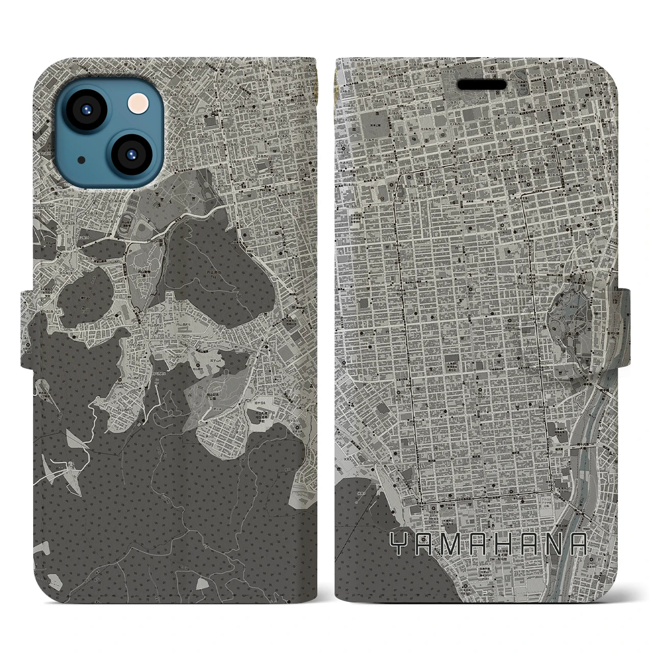【山鼻(北海道)】地図柄iPhoneケース(手帳タイプ)モノトーン・iPhone 13 用