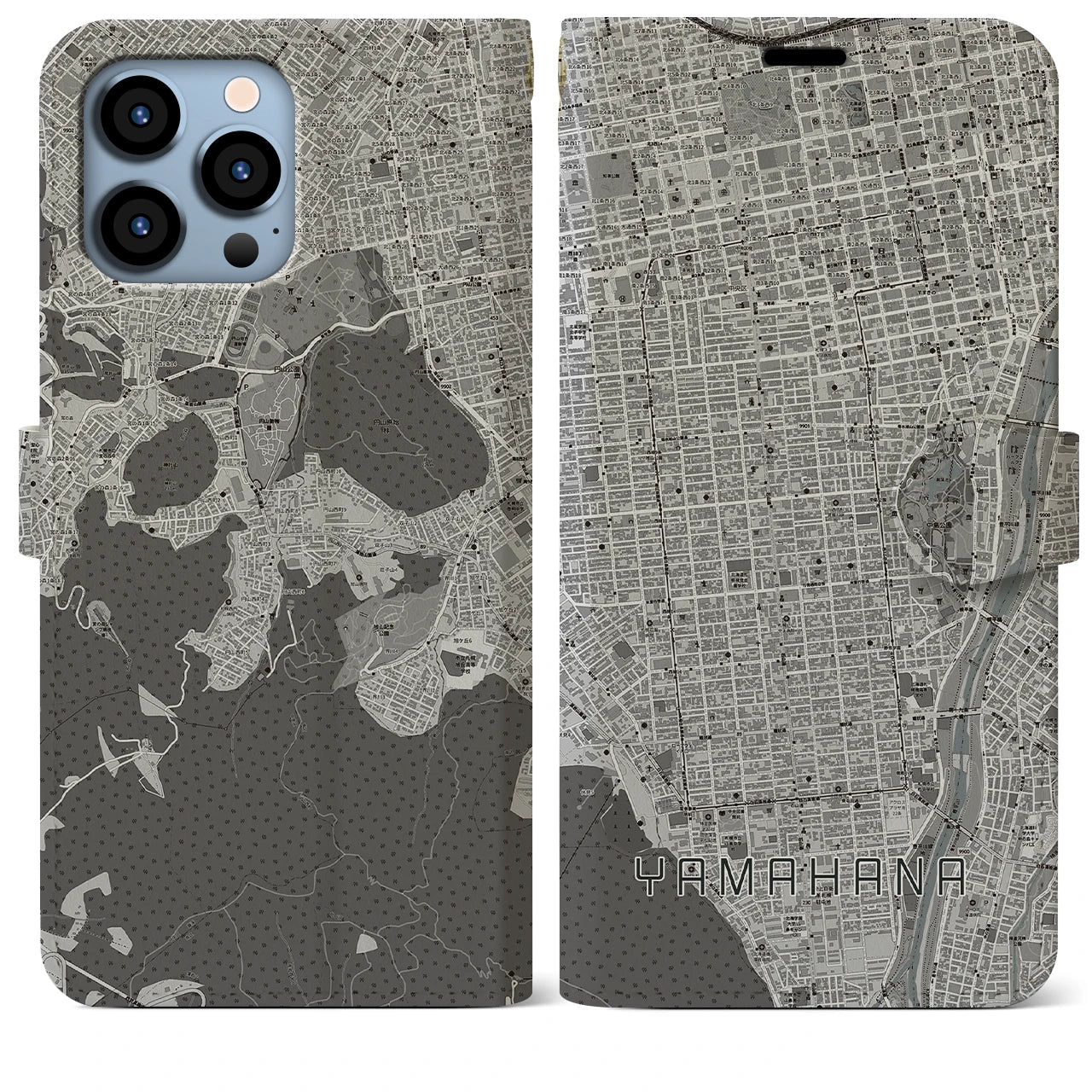 【山鼻(北海道)】地図柄iPhoneケース(手帳タイプ)モノトーン・iPhone 13 Pro Max 用