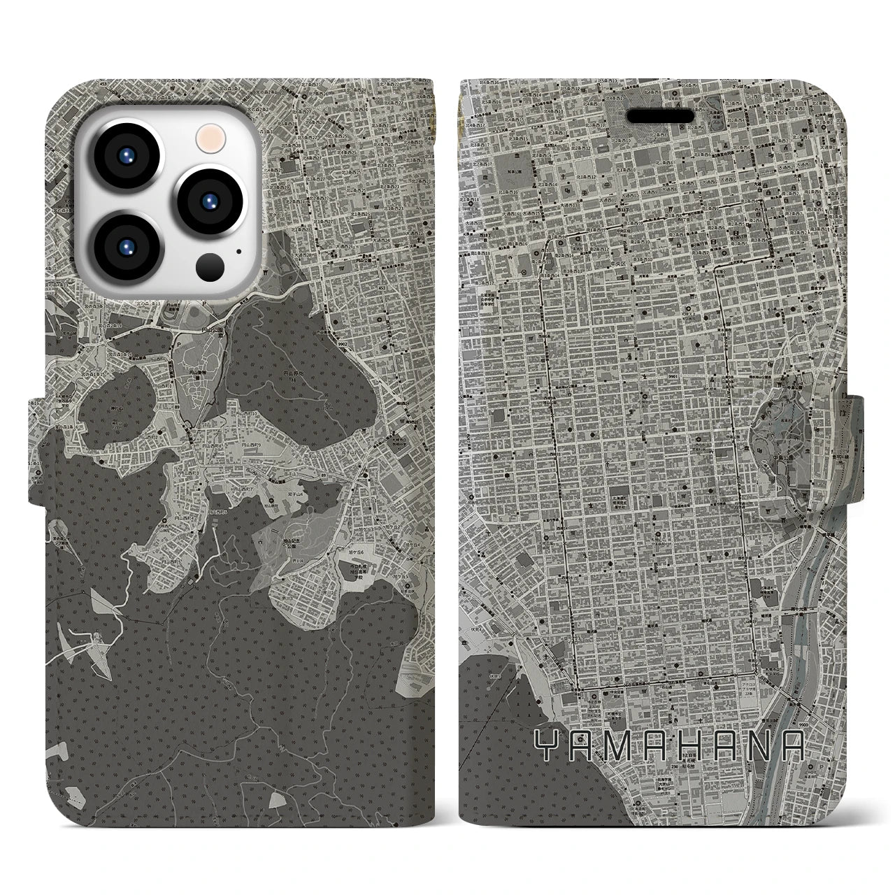 【山鼻(北海道)】地図柄iPhoneケース(手帳タイプ)モノトーン・iPhone 13 Pro 用