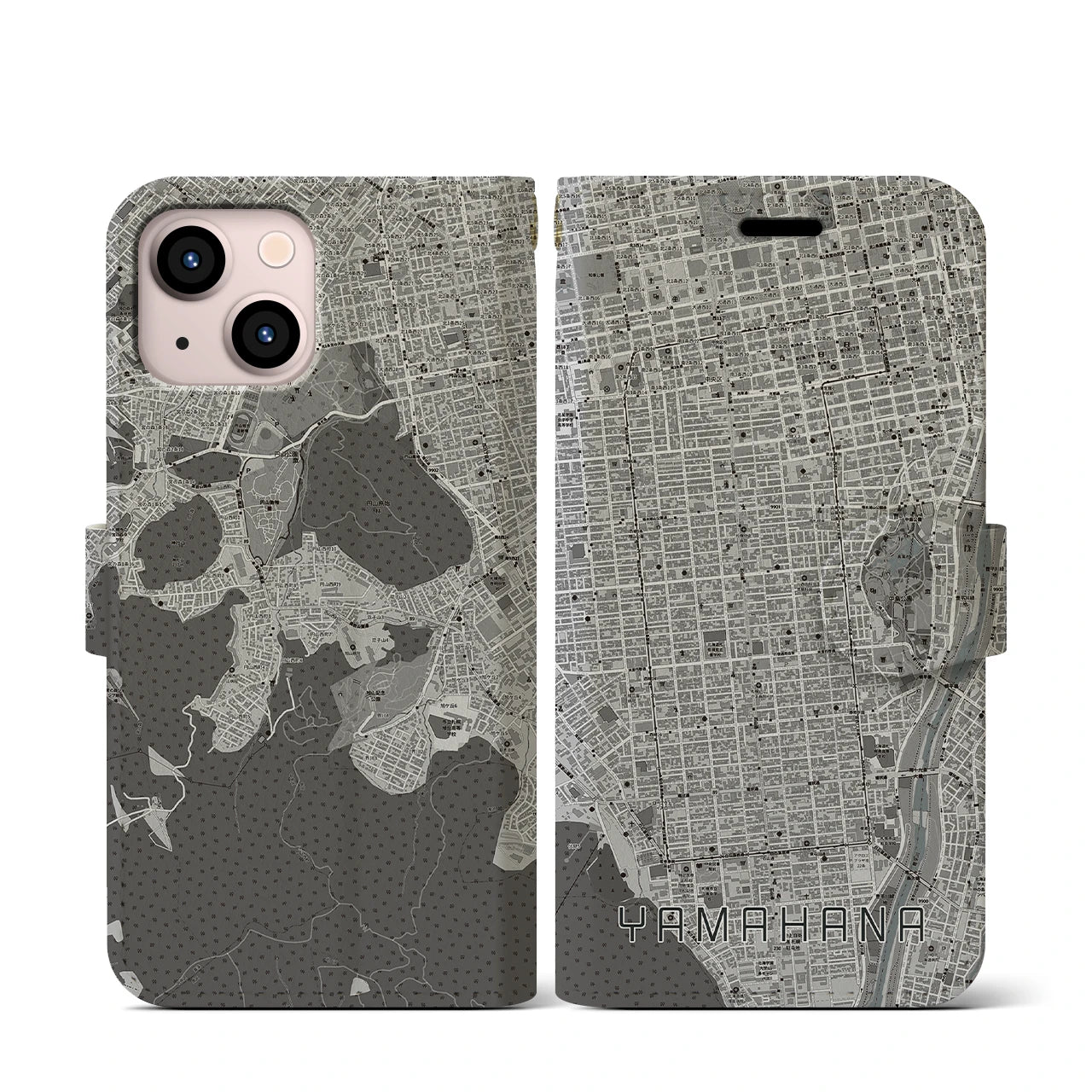 【山鼻(北海道)】地図柄iPhoneケース(手帳タイプ)モノトーン・iPhone 13 mini 用