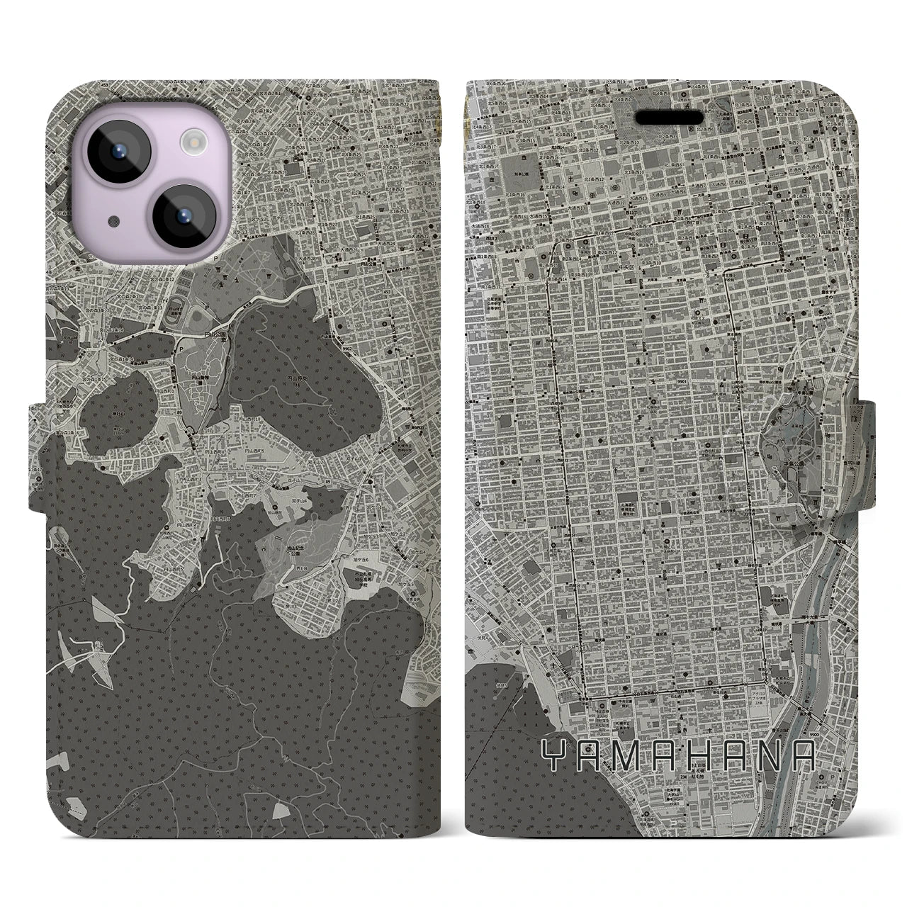【山鼻(北海道)】地図柄iPhoneケース(手帳タイプ)モノトーン・iPhone 14 用