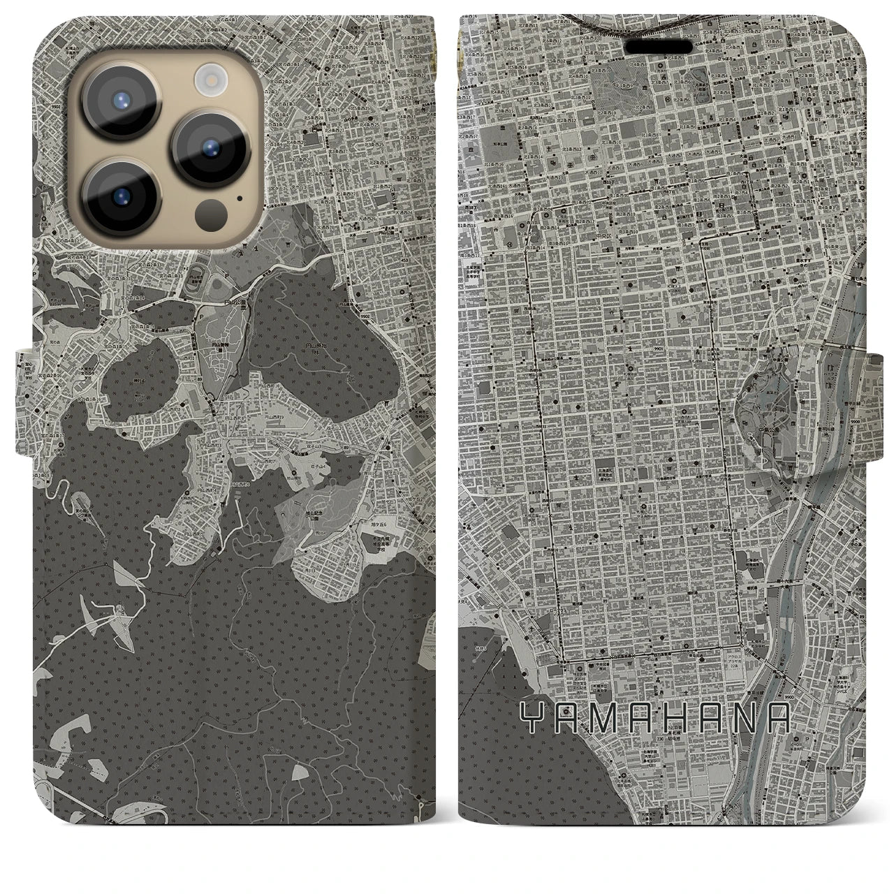 【山鼻(北海道)】地図柄iPhoneケース(手帳タイプ)モノトーン・iPhone 14 Pro Max 用