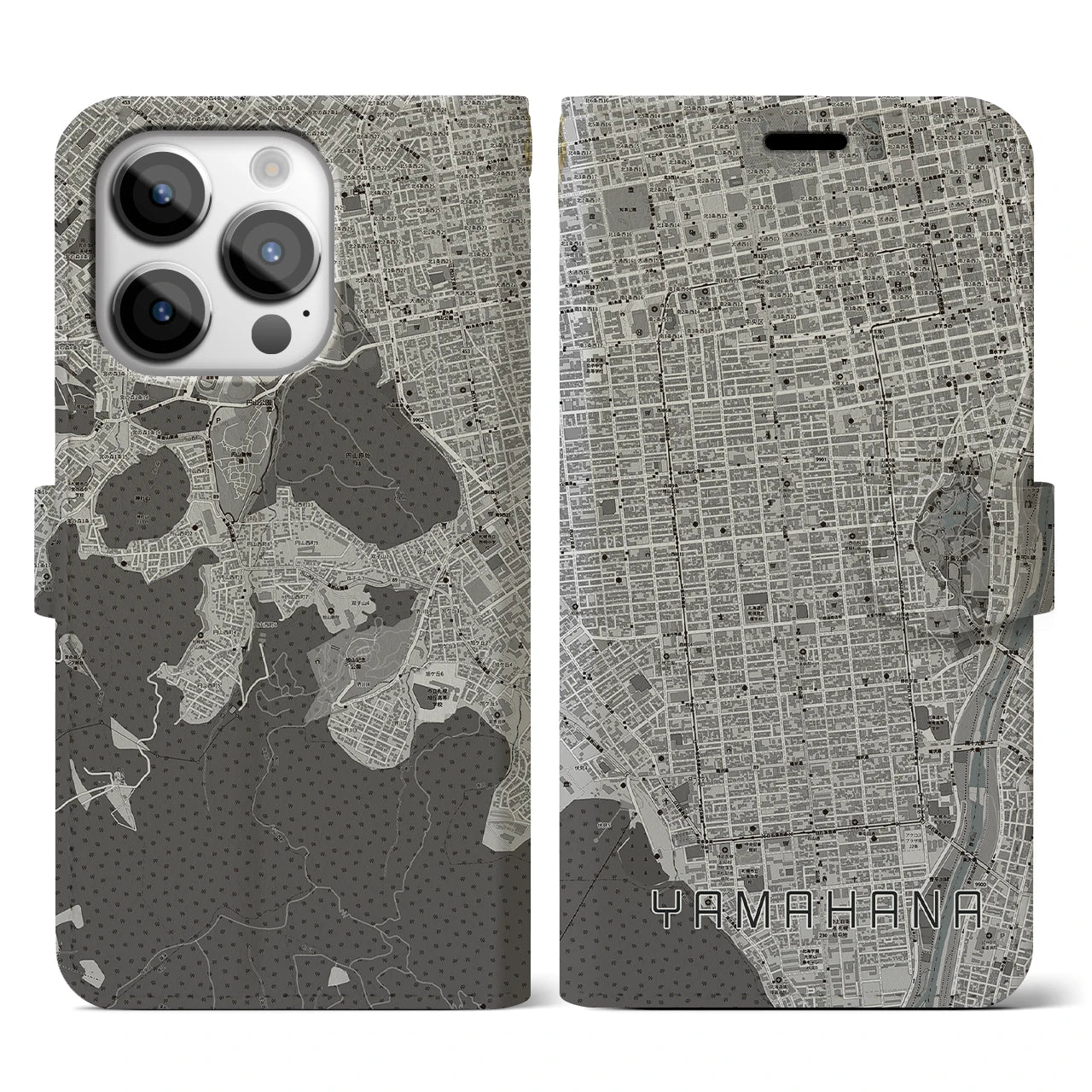 【山鼻(北海道)】地図柄iPhoneケース(手帳タイプ)モノトーン・iPhone 14 Pro 用