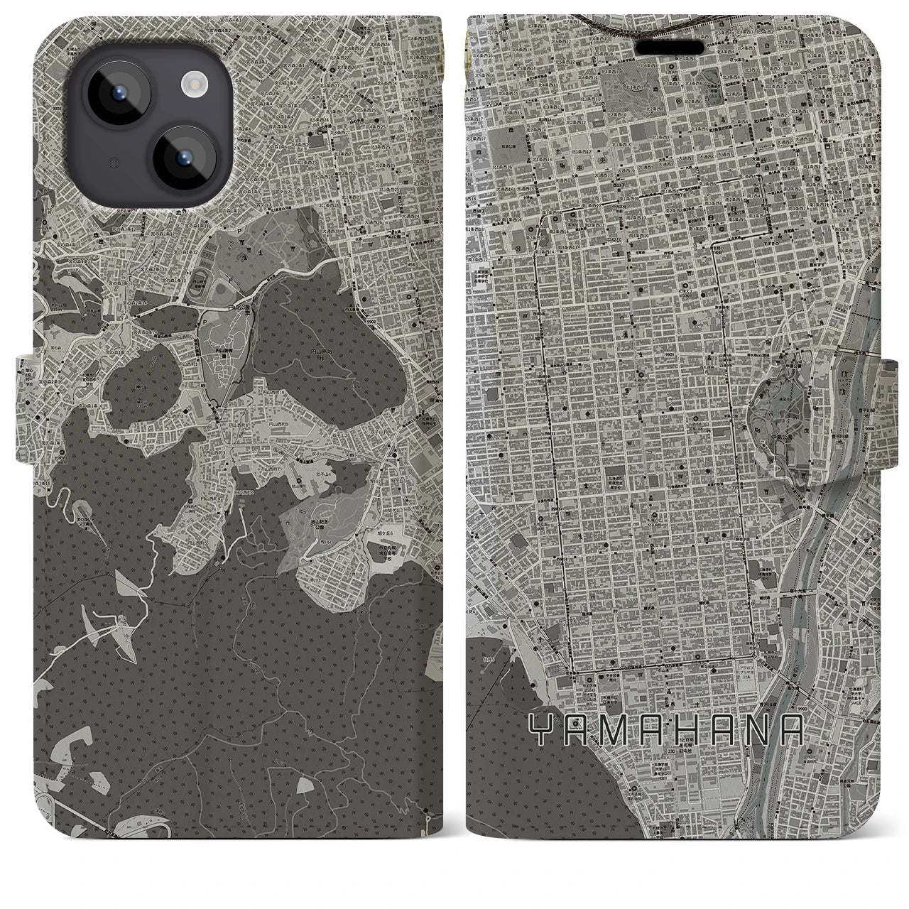 【山鼻(北海道)】地図柄iPhoneケース(手帳タイプ)モノトーン・iPhone 14 Plus 用
