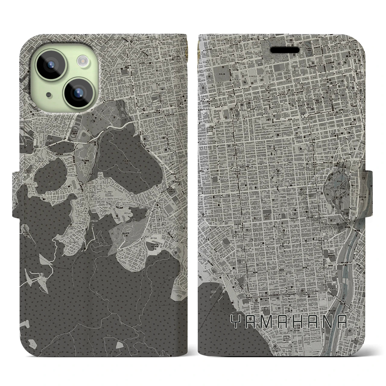 【山鼻(北海道)】地図柄iPhoneケース(手帳タイプ)モノトーン・iPhone 15 用