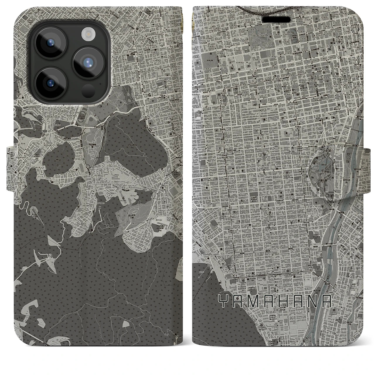 【山鼻(北海道)】地図柄iPhoneケース(手帳タイプ)モノトーン・iPhone 15 Pro Max 用