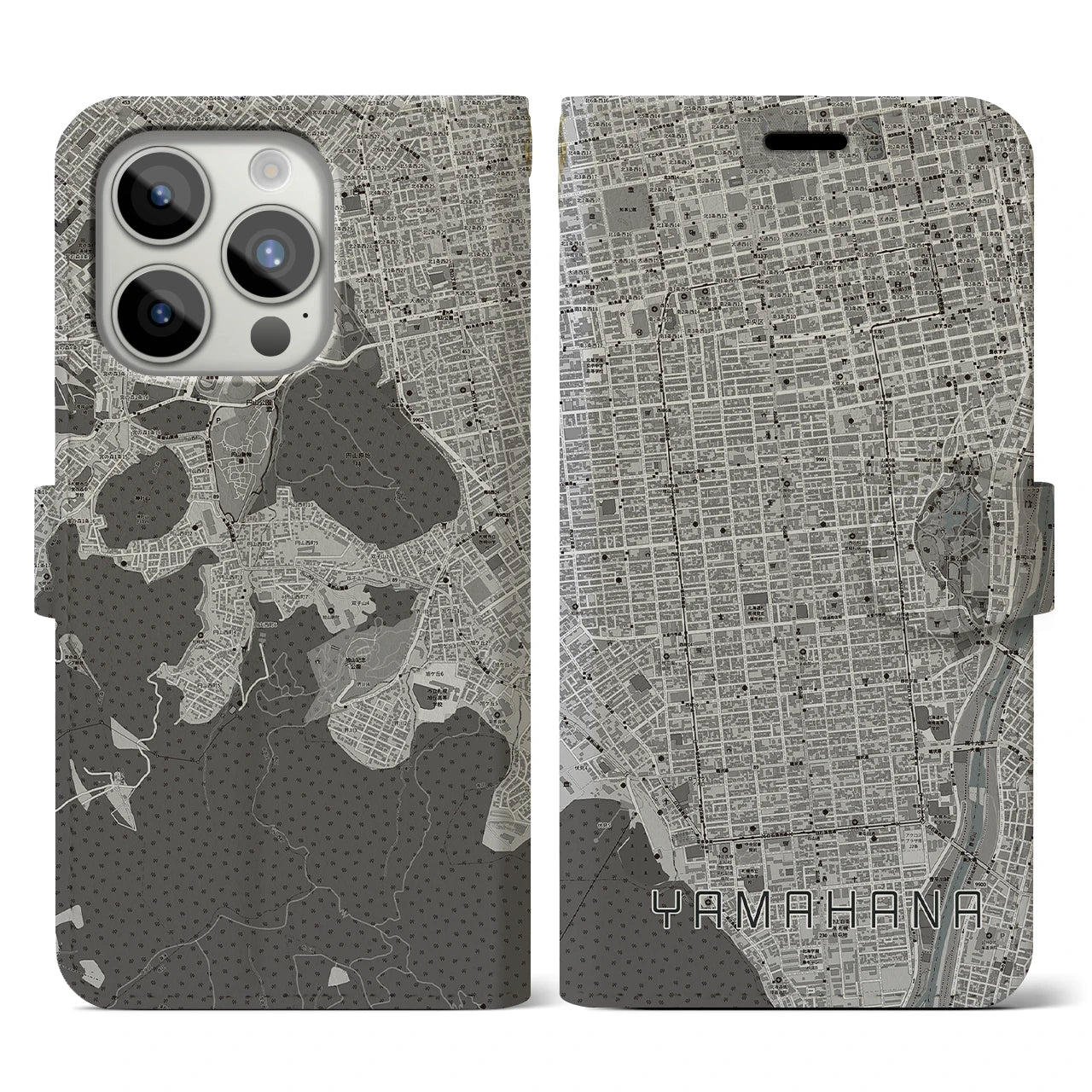 【山鼻(北海道)】地図柄iPhoneケース(手帳タイプ)モノトーン・iPhone 15 Pro 用