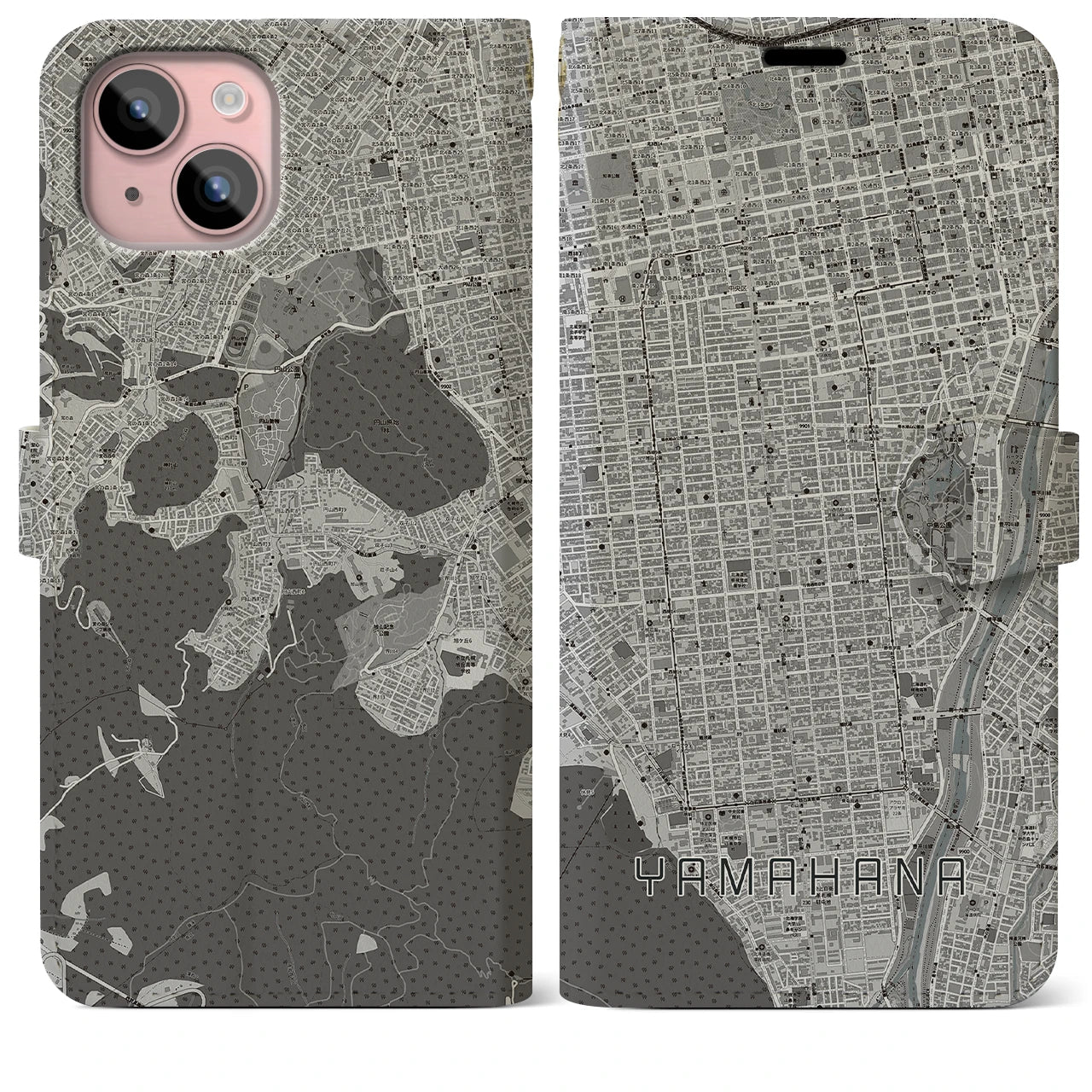 【山鼻(北海道)】地図柄iPhoneケース(手帳タイプ)モノトーン・iPhone 15 Plus 用