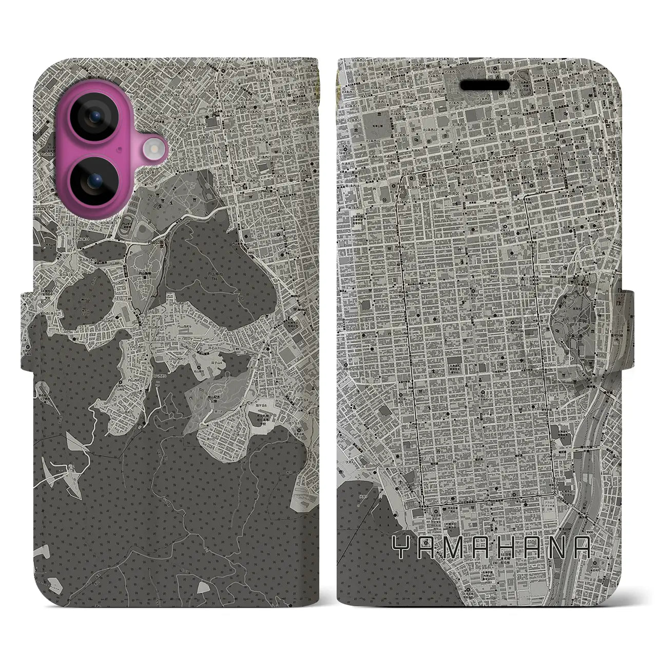 【山鼻(北海道)】地図柄iPhoneケース(手帳タイプ)モノトーン・iPhone 16 Pro 用