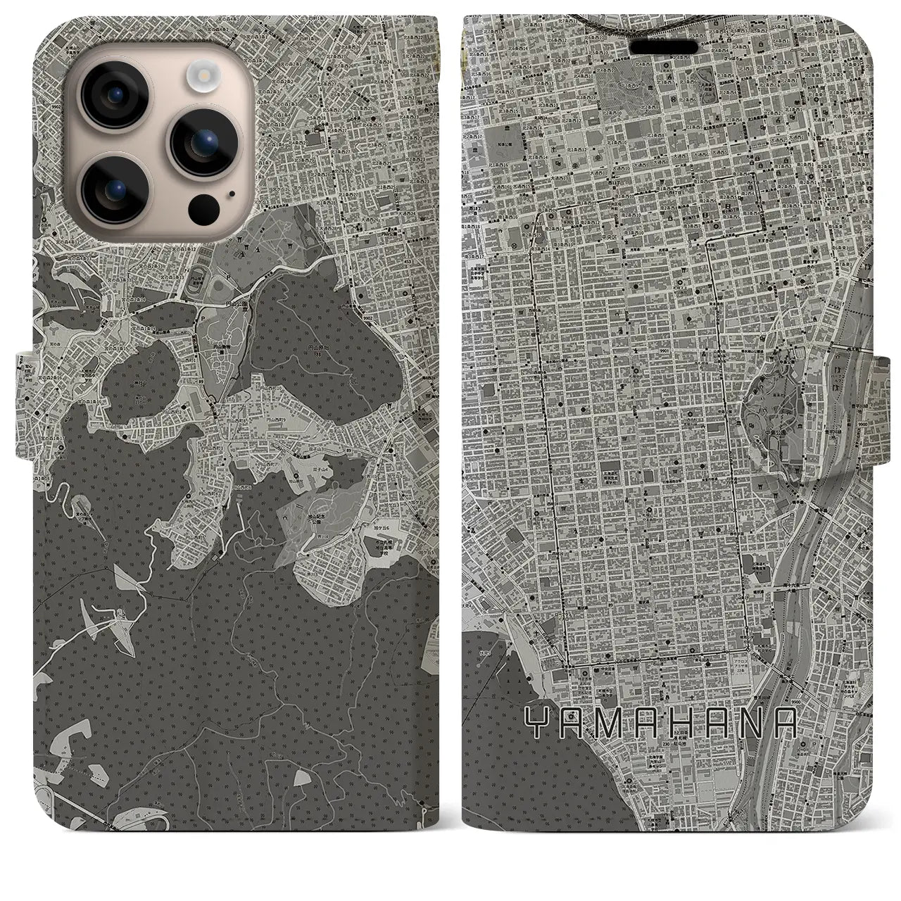 【山鼻(北海道)】地図柄iPhoneケース(手帳タイプ)モノトーン・iPhone 16 Plus 用
