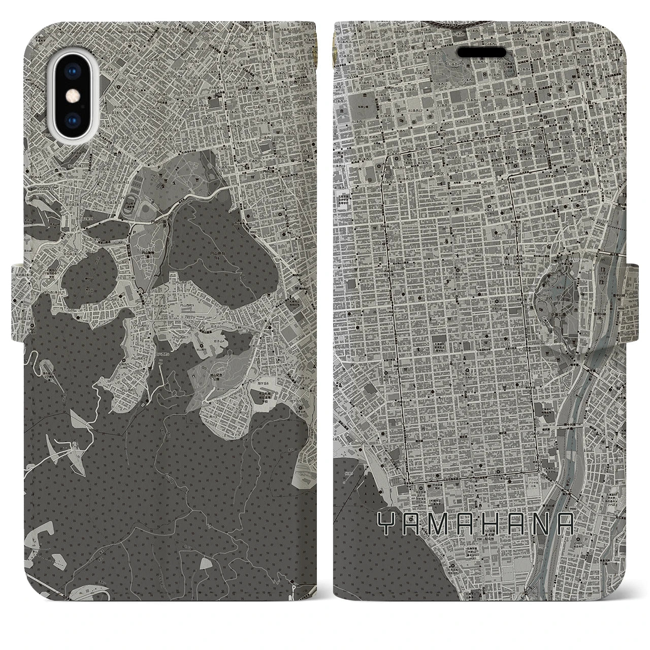 【山鼻(北海道)】地図柄iPhoneケース(手帳タイプ)モノトーン・iPhone XS Max 用