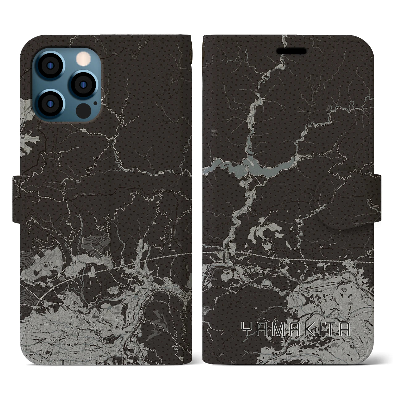 【山北(神奈川県)】地図柄iPhoneケース(手帳タイプ)モノトーン・iPhone 12 / 12 Pro 用