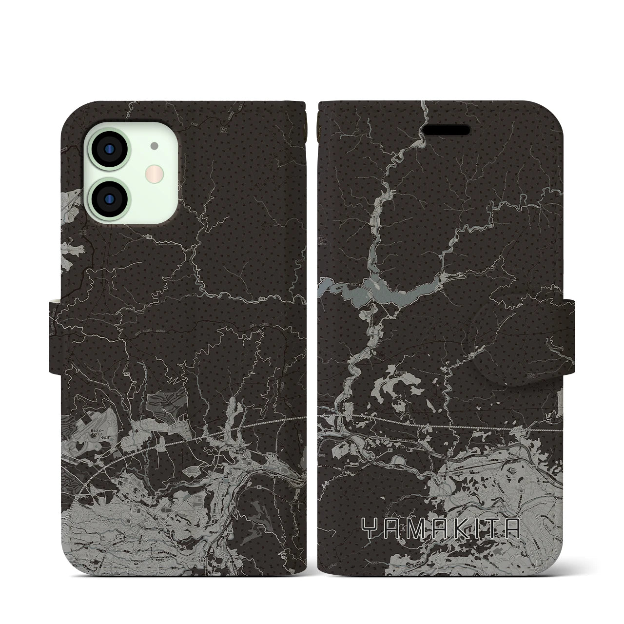 【山北(神奈川県)】地図柄iPhoneケース(手帳タイプ)モノトーン・iPhone 12 mini 用