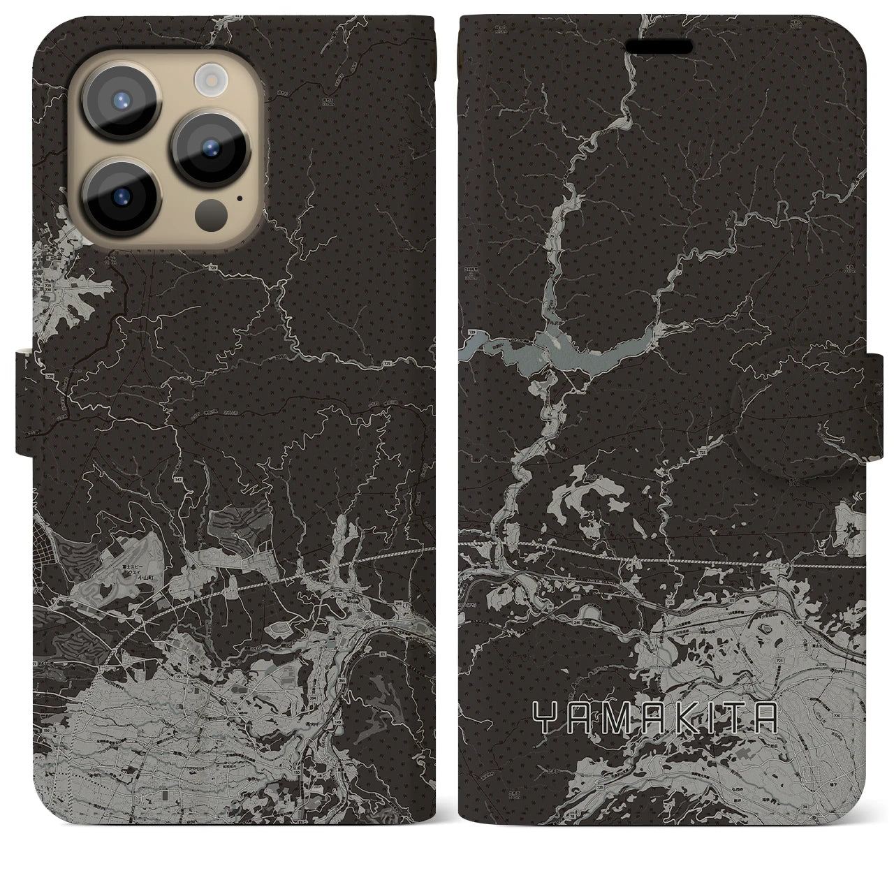 【山北(神奈川県)】地図柄iPhoneケース(手帳タイプ)モノトーン・iPhone 14 Pro Max 用