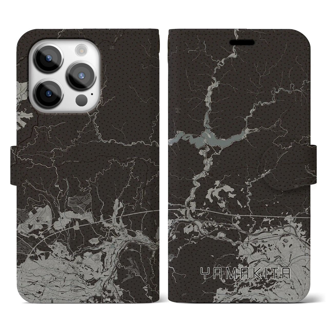 【山北(神奈川県)】地図柄iPhoneケース(手帳タイプ)モノトーン・iPhone 14 Pro 用