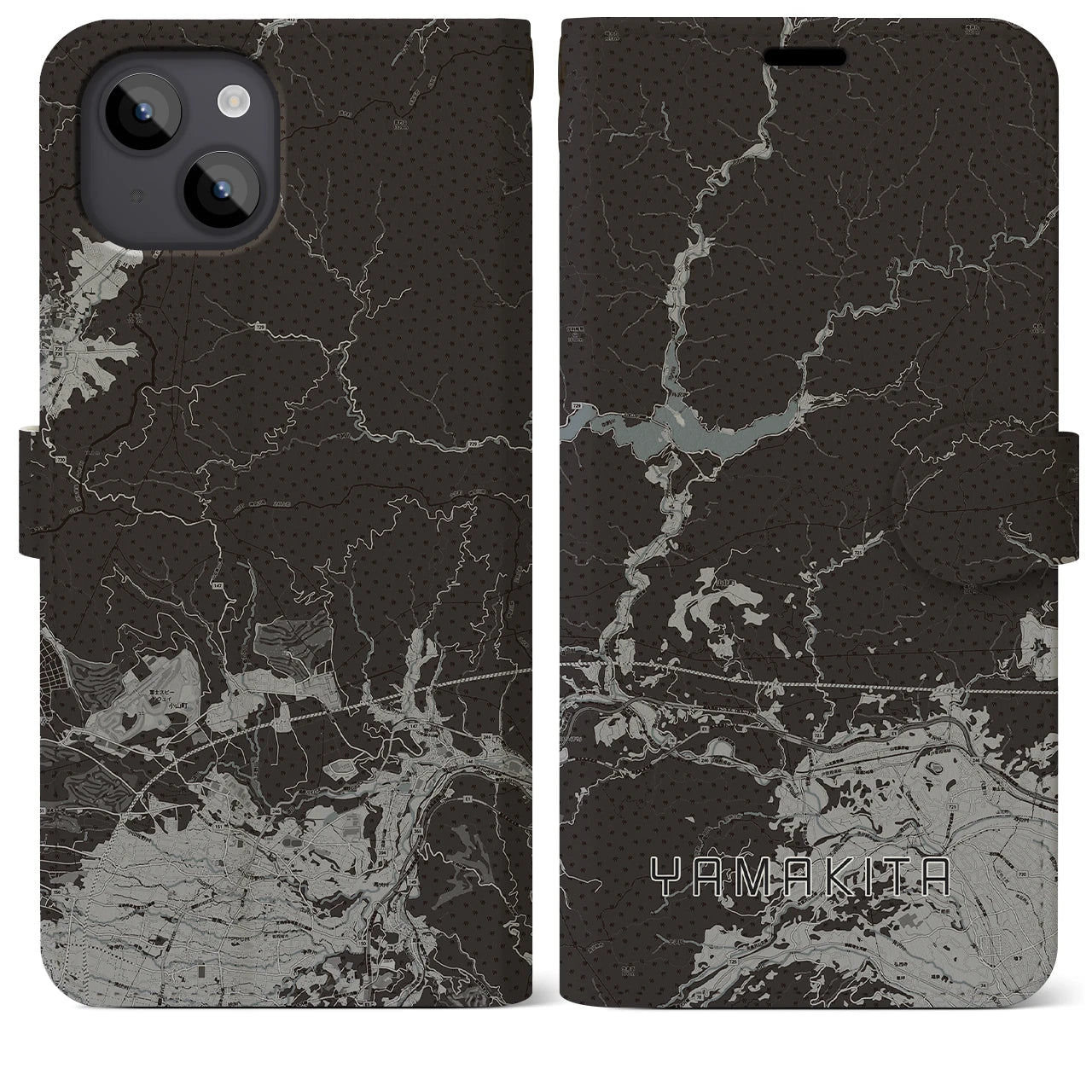 【山北(神奈川県)】地図柄iPhoneケース(手帳タイプ)モノトーン・iPhone 14 Plus 用