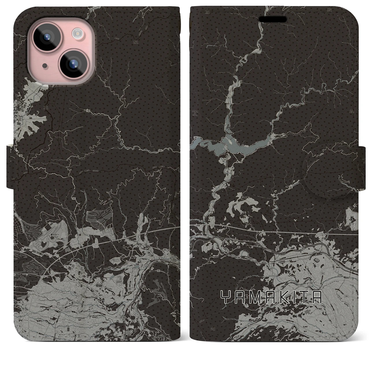 【山北(神奈川県)】地図柄iPhoneケース(手帳タイプ)モノトーン・iPhone 15 Plus 用