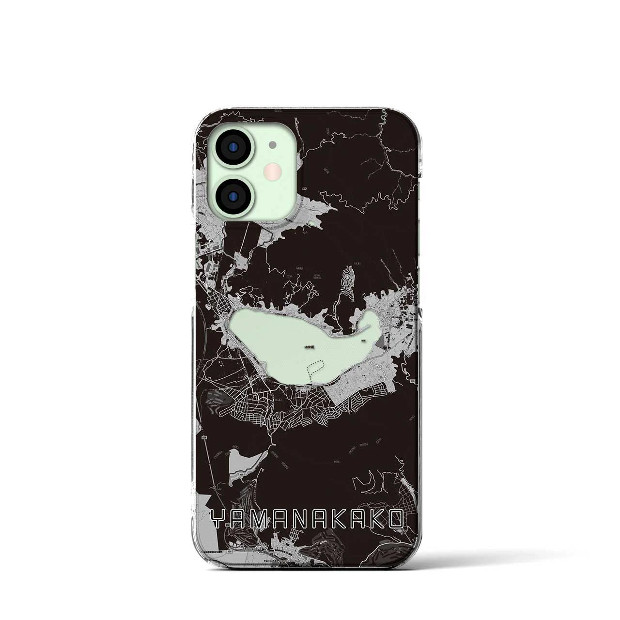 【山中湖(山梨県)】地図柄iPhoneケース(クリアタイプ)モノトーン・iPhone 12 mini 用