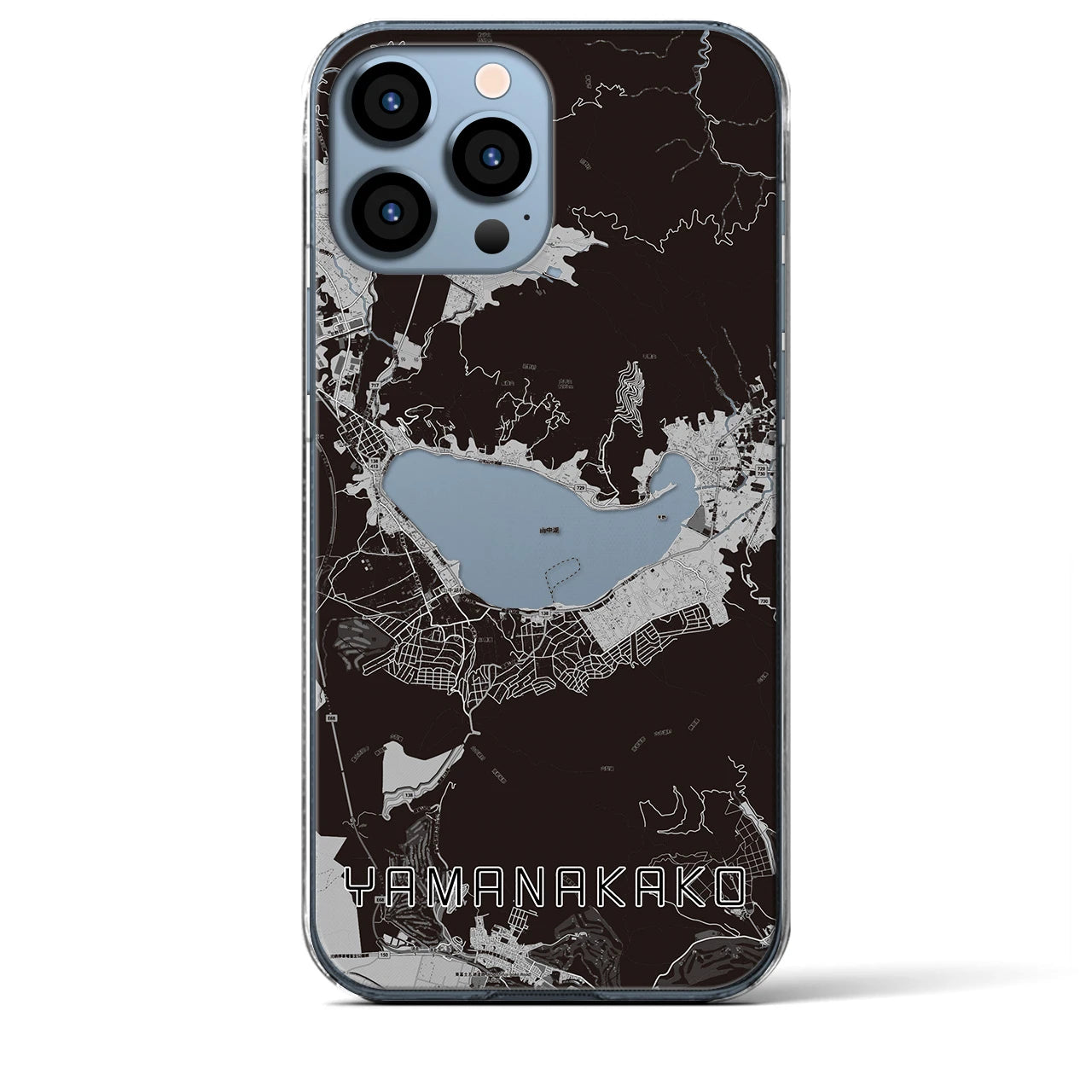 【山中湖(山梨県)】地図柄iPhoneケース(クリアタイプ)モノトーン・iPhone 13 Pro Max 用