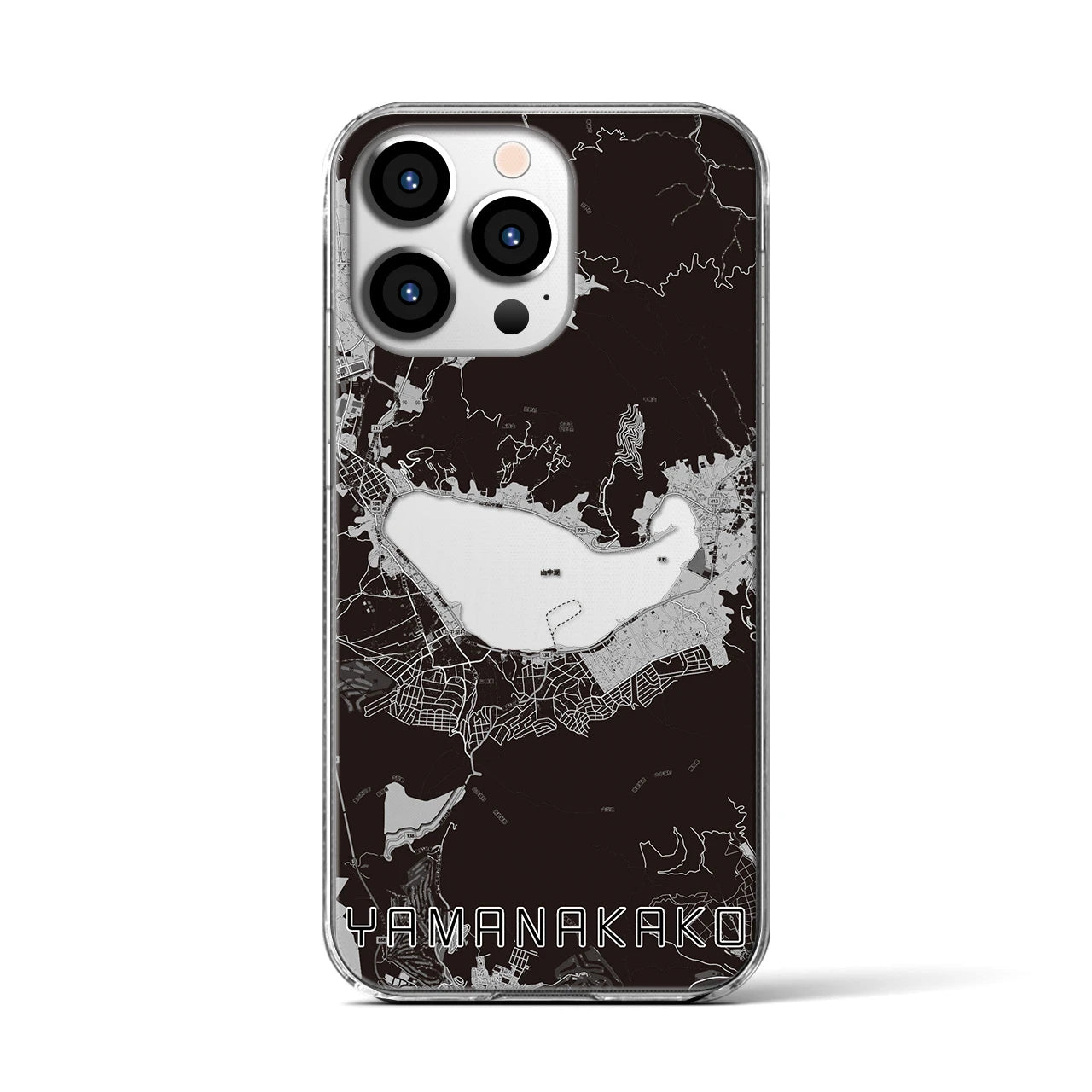 【山中湖(山梨県)】地図柄iPhoneケース(クリアタイプ)モノトーン・iPhone 13 Pro 用