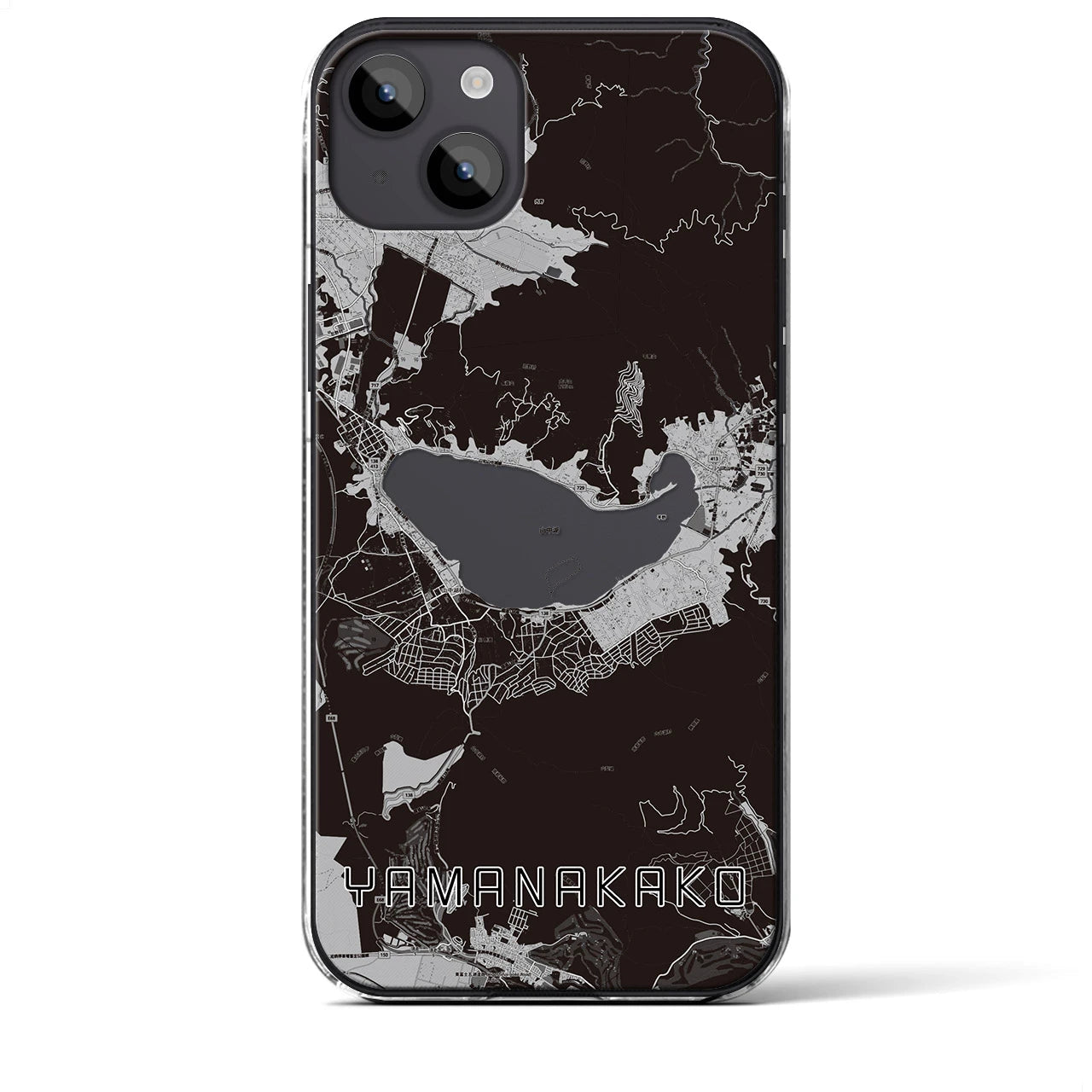【山中湖(山梨県)】地図柄iPhoneケース(クリアタイプ)モノトーン・iPhone 14 Plus 用