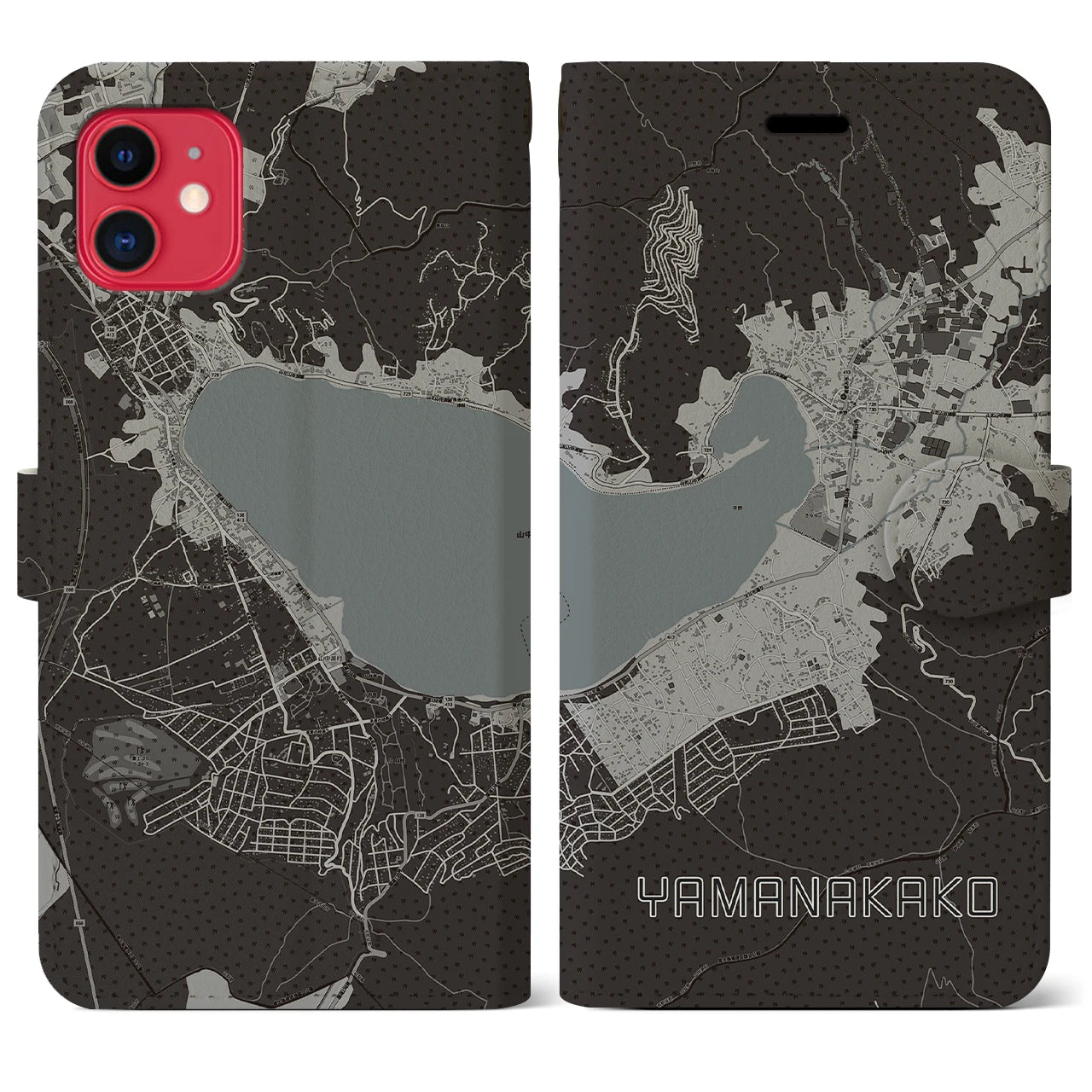 【山中湖(山梨県)】地図柄iPhoneケース(手帳タイプ)モノトーン・iPhone 11 用