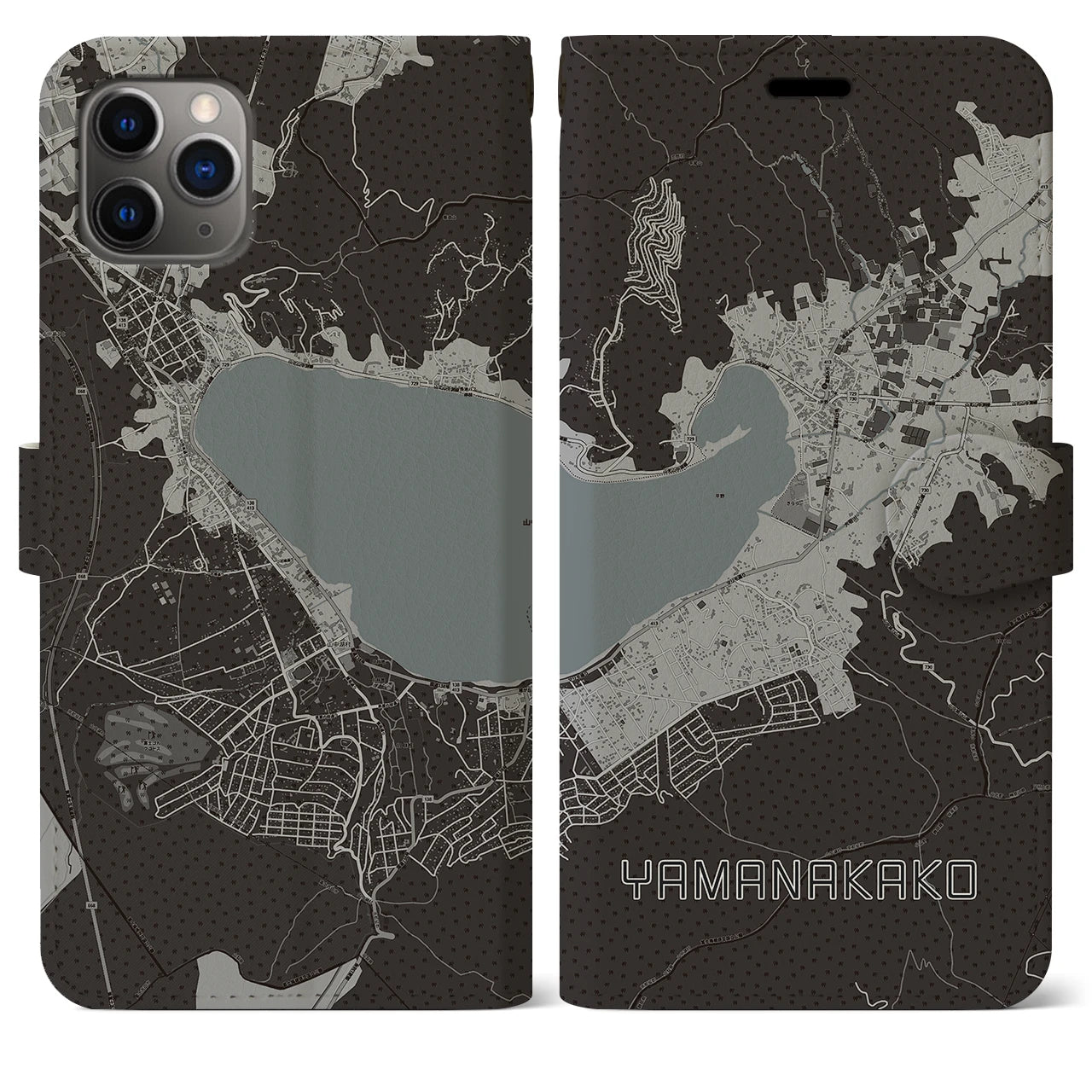 【山中湖(山梨県)】地図柄iPhoneケース(手帳タイプ)モノトーン・iPhone 11 Pro Max 用