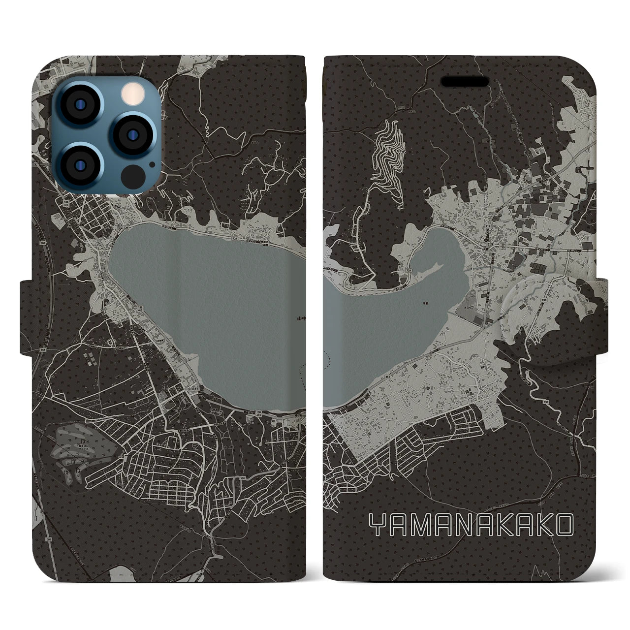 【山中湖(山梨県)】地図柄iPhoneケース(手帳タイプ)モノトーン・iPhone 12 / 12 Pro 用
