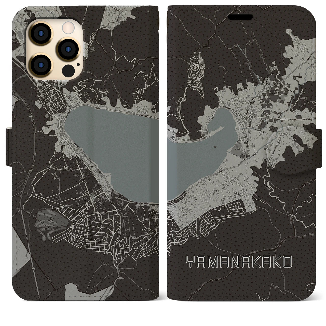 【山中湖(山梨県)】地図柄iPhoneケース(手帳タイプ)モノトーン・iPhone 12 Pro Max 用