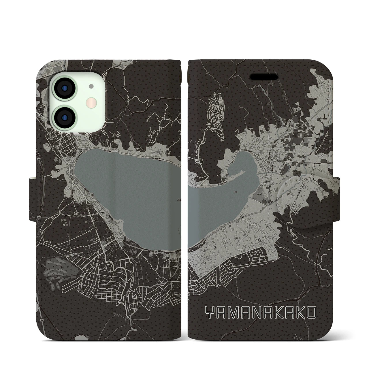 【山中湖(山梨県)】地図柄iPhoneケース(手帳タイプ)モノトーン・iPhone 12 mini 用