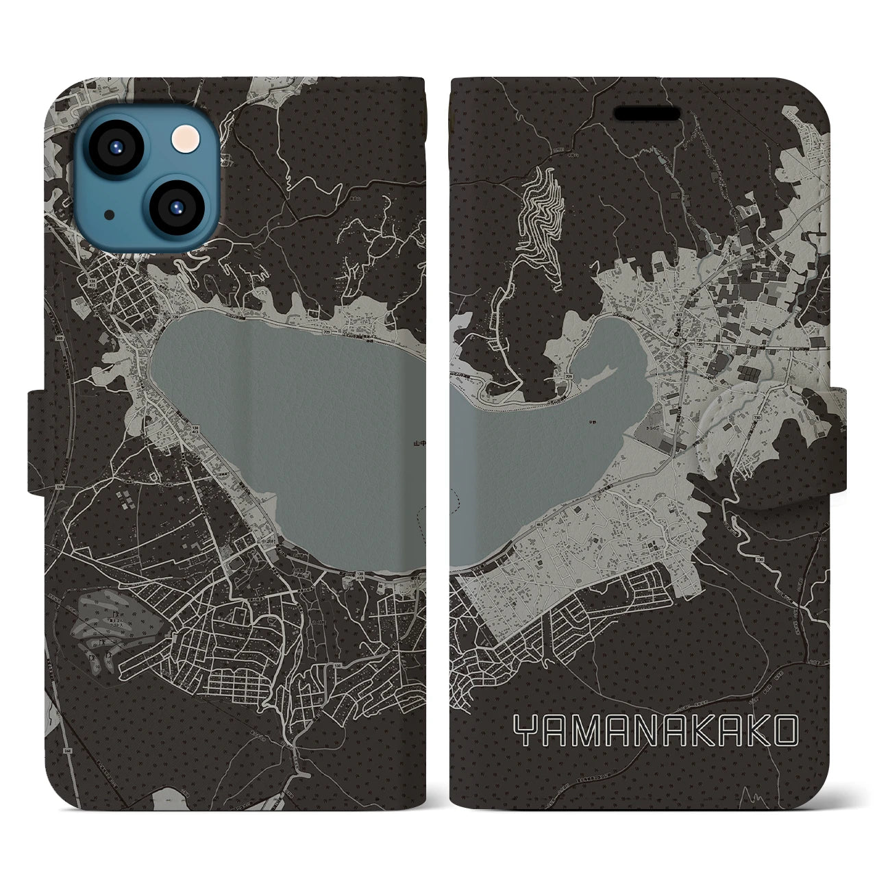 【山中湖(山梨県)】地図柄iPhoneケース(手帳タイプ)モノトーン・iPhone 13 用