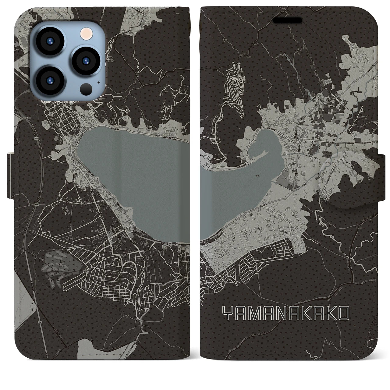 【山中湖(山梨県)】地図柄iPhoneケース(手帳タイプ)モノトーン・iPhone 13 Pro Max 用