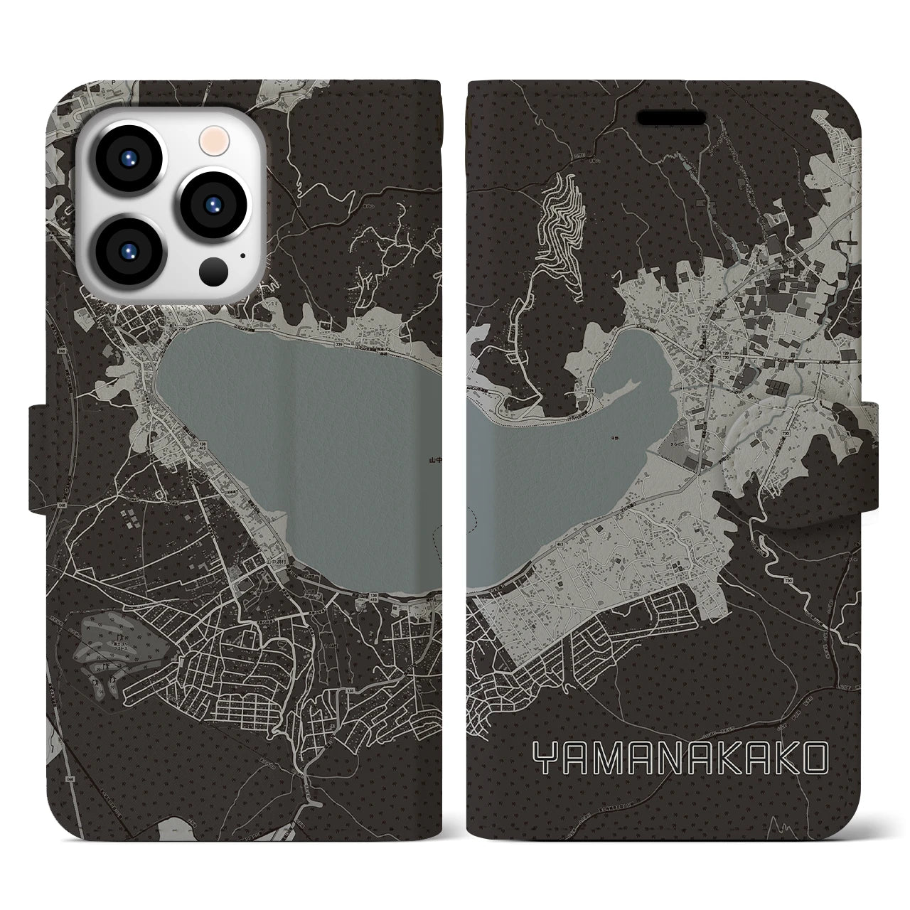 【山中湖(山梨県)】地図柄iPhoneケース(手帳タイプ)モノトーン・iPhone 13 Pro 用