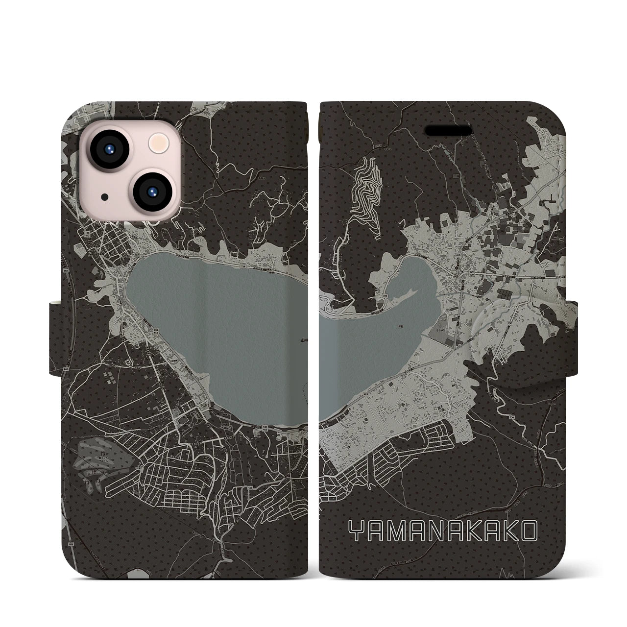 【山中湖(山梨県)】地図柄iPhoneケース(手帳タイプ)モノトーン・iPhone 13 mini 用