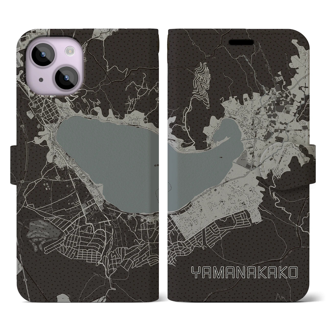 【山中湖(山梨県)】地図柄iPhoneケース(手帳タイプ)モノトーン・iPhone 14 用