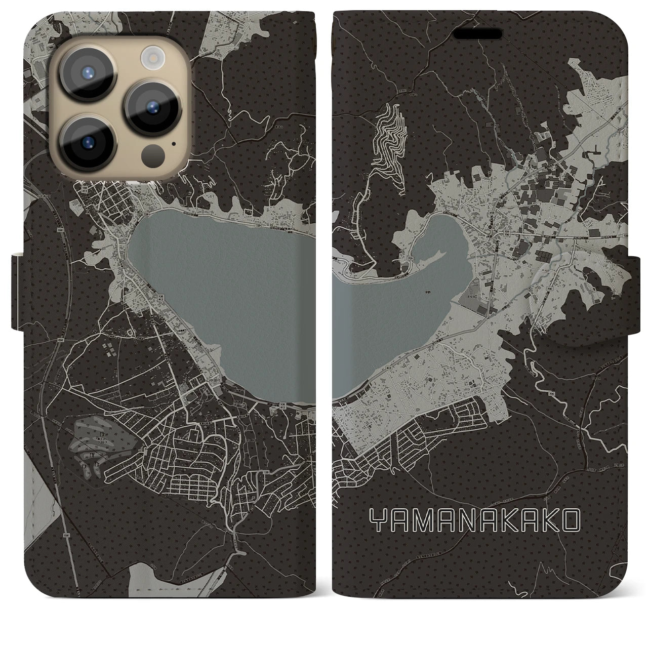 【山中湖(山梨県)】地図柄iPhoneケース(手帳タイプ)モノトーン・iPhone 14 Pro Max 用