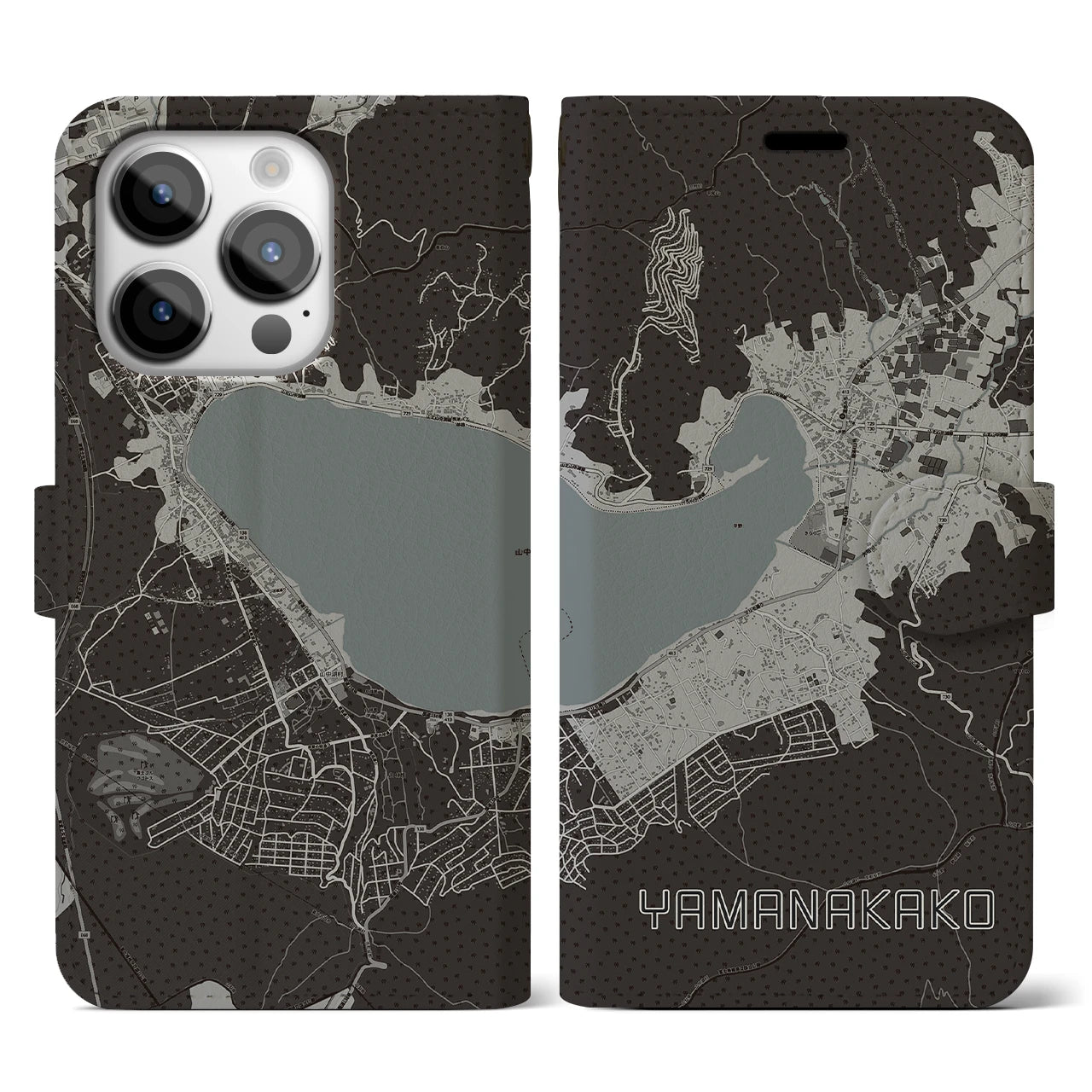 【山中湖(山梨県)】地図柄iPhoneケース(手帳タイプ)モノトーン・iPhone 14 Pro 用
