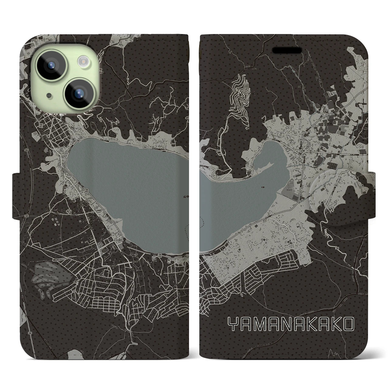 【山中湖(山梨県)】地図柄iPhoneケース(手帳タイプ)モノトーン・iPhone 15 用