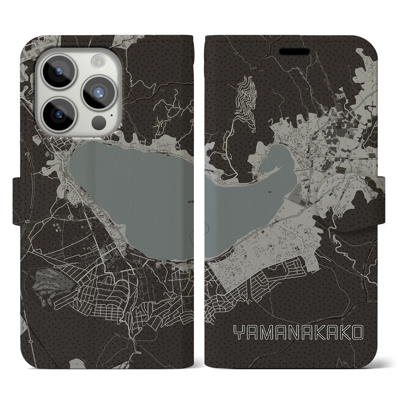 【山中湖(山梨県)】地図柄iPhoneケース(手帳タイプ)モノトーン・iPhone 15 Pro 用