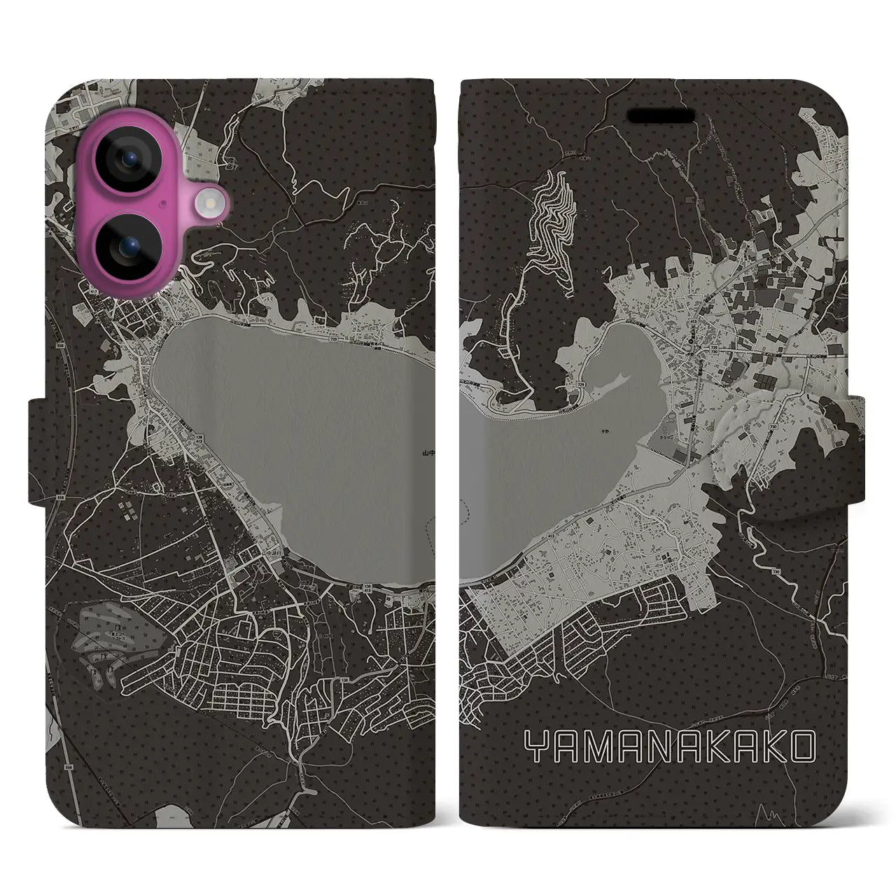 【山中湖(山梨県)】地図柄iPhoneケース(手帳タイプ)モノトーン・iPhone 16 Pro 用
