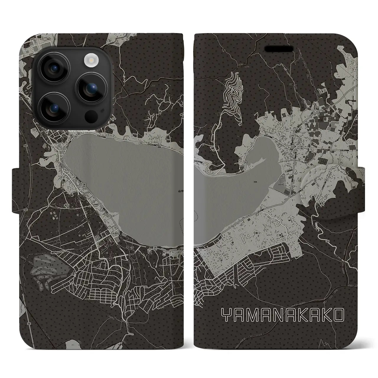 【山中湖(山梨県)】地図柄iPhoneケース(手帳タイプ)モノトーン・iPhone 16 用