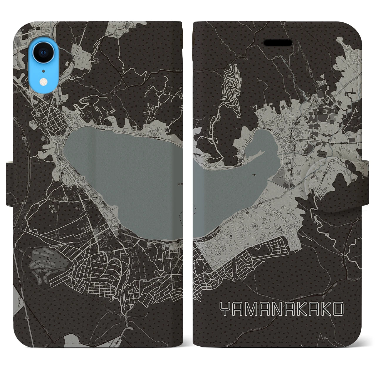 【山中湖(山梨県)】地図柄iPhoneケース(手帳タイプ)モノトーン・iPhone XR 用