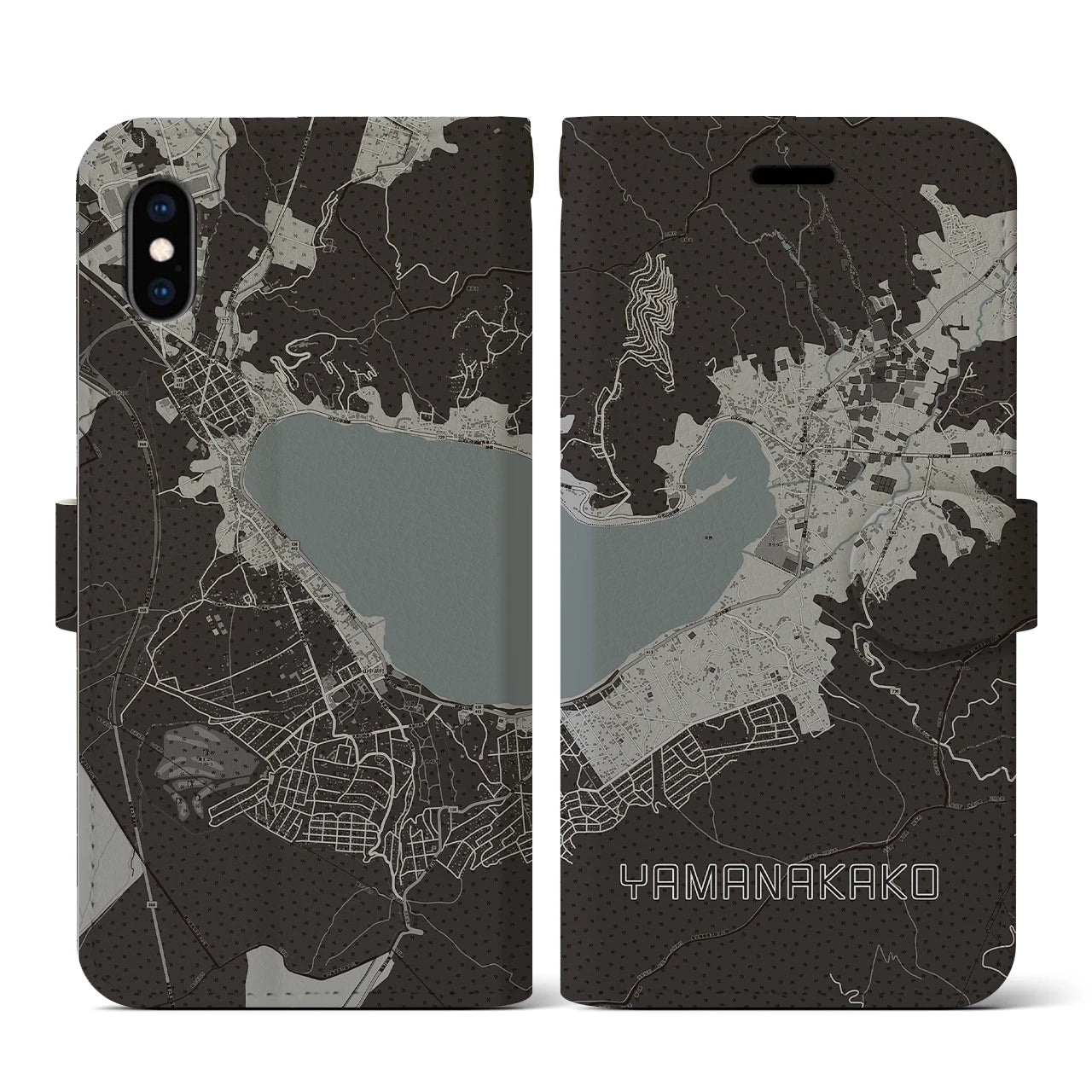 【山中湖(山梨県)】地図柄iPhoneケース(手帳タイプ)モノトーン・iPhone XS / X 用