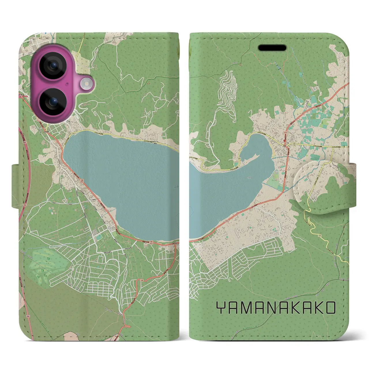 【山中湖(山梨県)】地図柄iPhoneケース(手帳タイプ)ナチュラル・iPhone 16 Pro 用