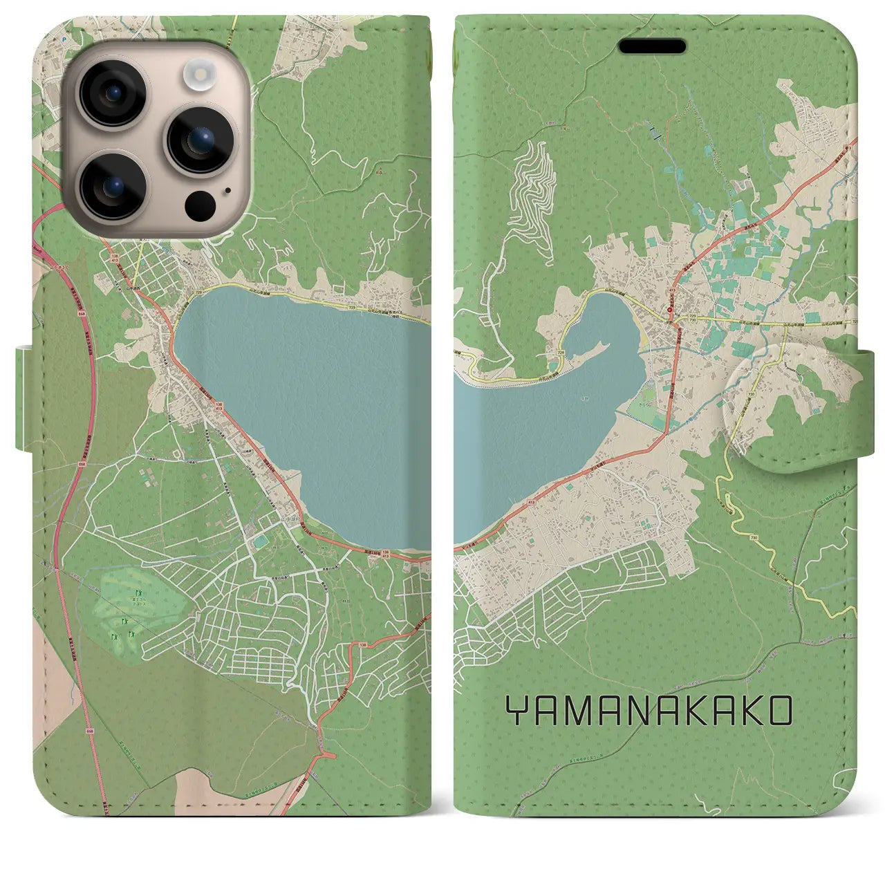 【山中湖(山梨県)】地図柄iPhoneケース(手帳タイプ)ナチュラル・iPhone 16 Plus 用