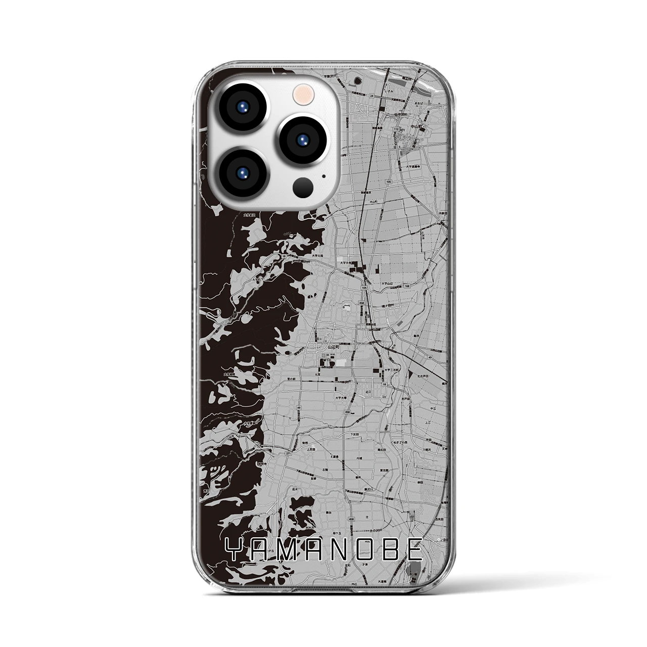 【山辺(山形県)】地図柄iPhoneケース(クリアタイプ)モノトーン・iPhone 13 Pro 用