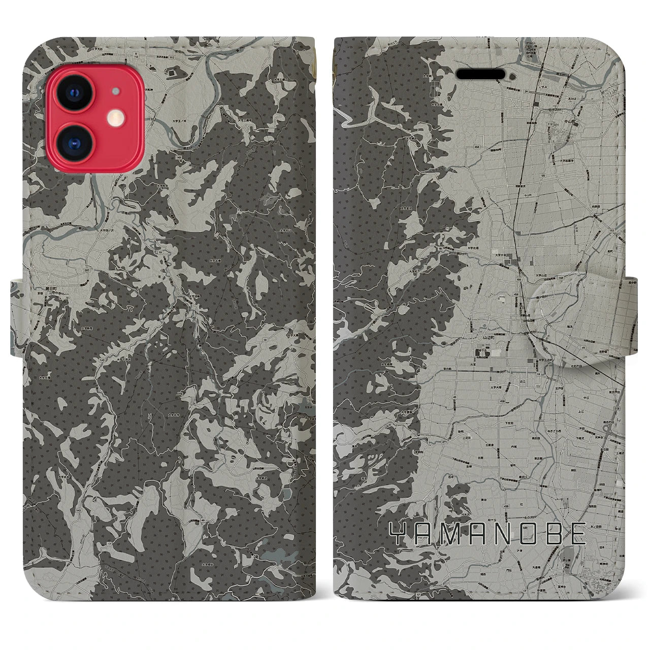 【山辺(山形県)】地図柄iPhoneケース(手帳タイプ)モノトーン・iPhone 11 用